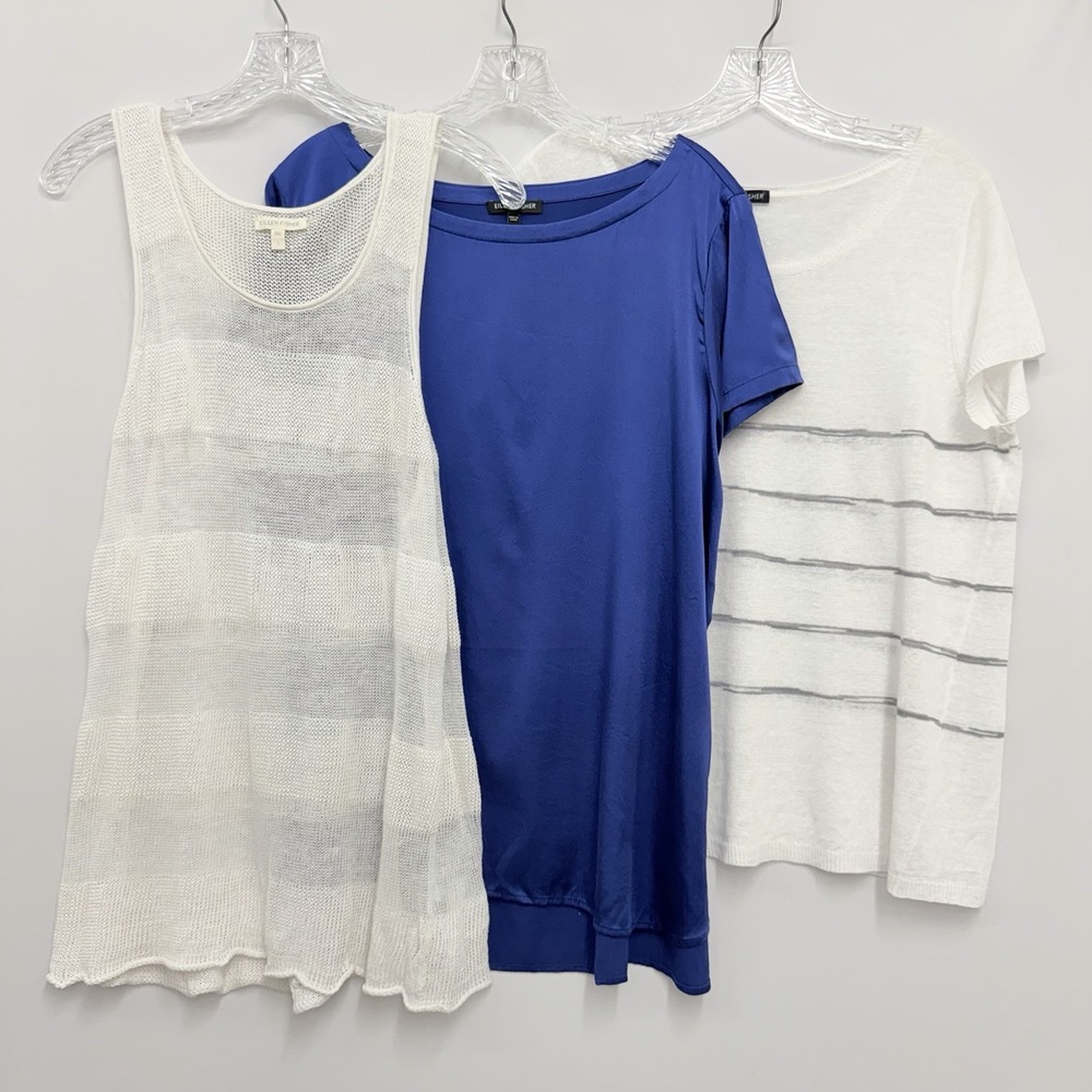 Group Lot of 3 Eileen Fisher Tops Linen Mesh White Blue Part Silk White & Gray L